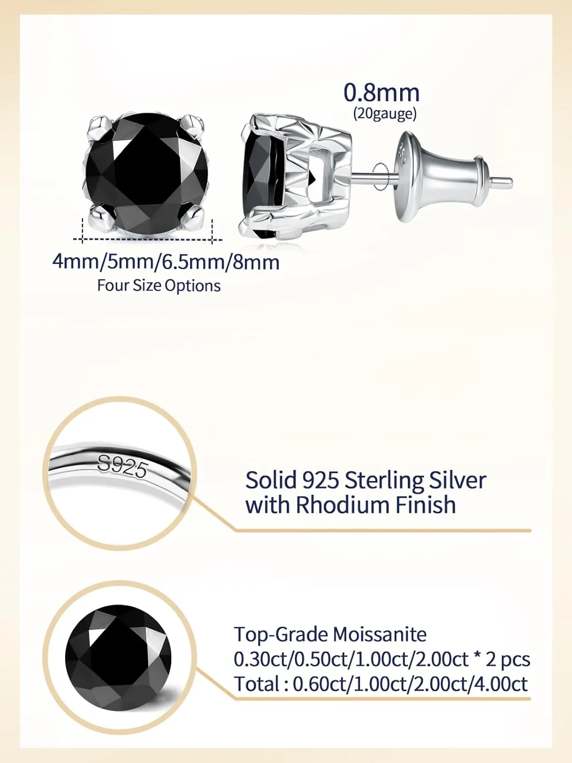 0.6-4 Carat Moissanite Stud Earrings for Men Women, Solid 925 Sterling Silver Hypoallergenic, Everyday Comfy Earrings, Birthday Valentines Anniversary Mothers Day Ideal Gift for Her