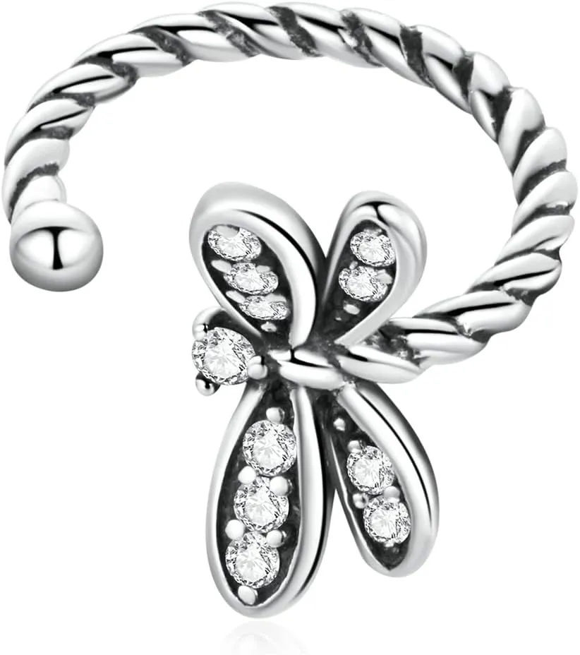 1 Piece S925 Sterling Silver Cute Dragonfly Cartilage Ear Cuffs Earrings CZ Non Pierced Dainty Fake Huggie Hoop Clip On Tragus Wrap Earring