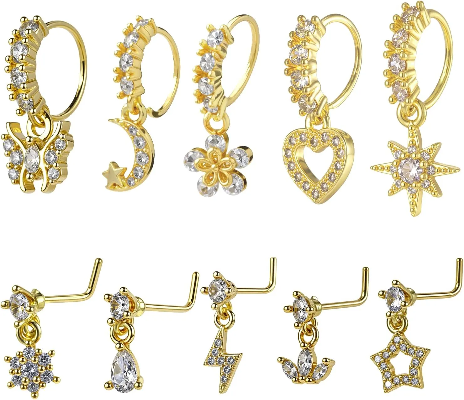 10 Pcs Dangle Nose Ring Hoop 20g Cz Flower Star Moon Butterfly Crown Nose Rings with Charm L Shaped Dangling Nose Stud Cute Nose Indian Piercing Jewelry Cartilage Earring For Women