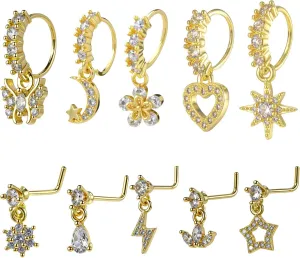 10 Pcs Dangle Nose Ring Hoop 20g Cz Flower Star Moon Butterfly Crown Nose Rings with Charm L Shaped Dangling Nose Stud Cute Nose Indian Piercing Jewelry Cartilage Earring For Women
