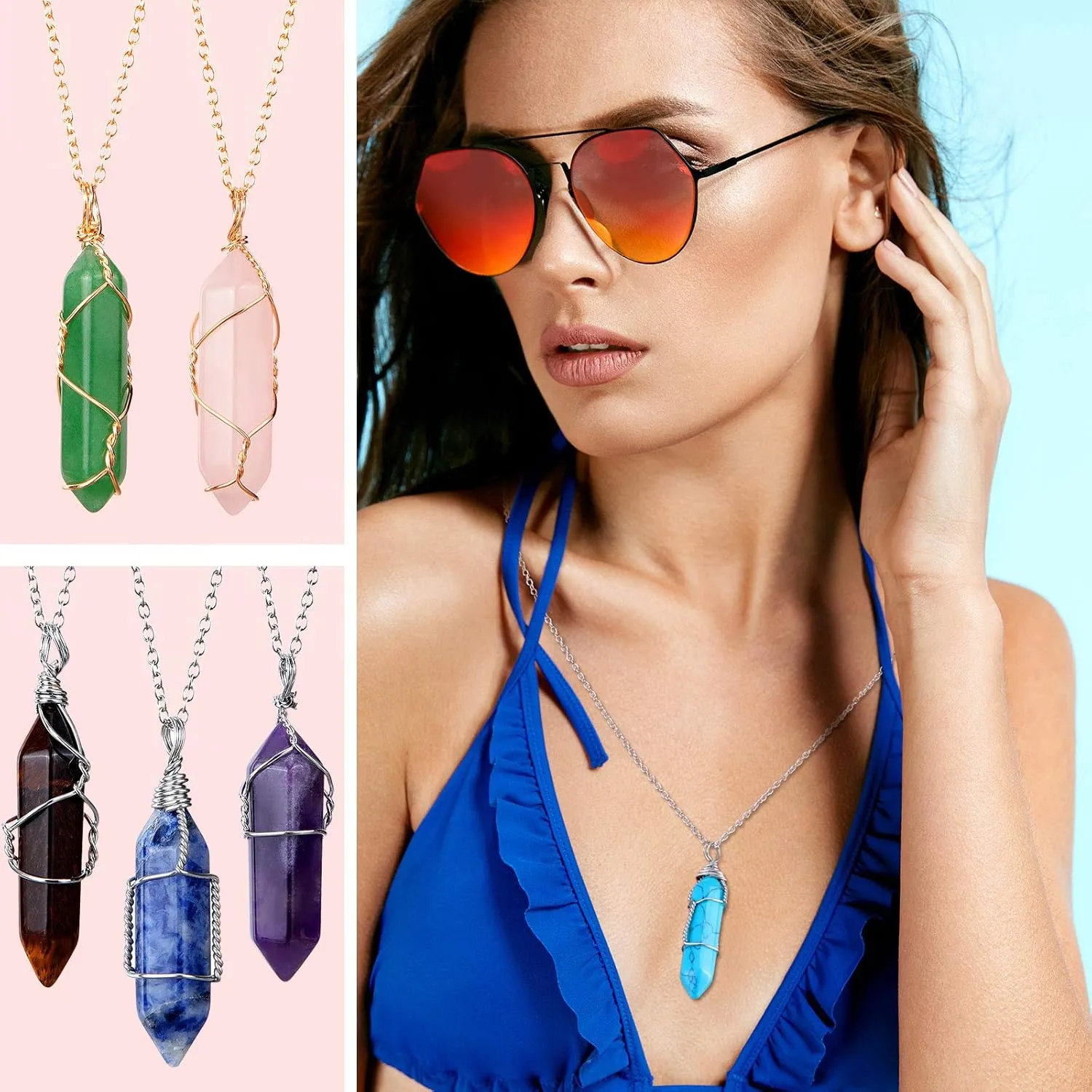 10 Pieces Hexagonal Crystal Pendant Necklace, Natural Quartz Stone Pendant Necklace, Healing Crystal Full Wire Wrap Gemstone Necklace for Women Girls