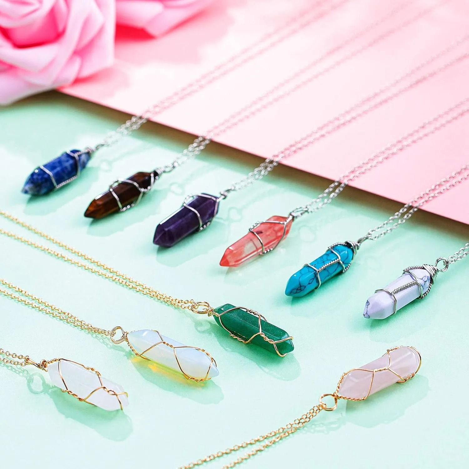 10 Pieces Hexagonal Crystal Pendant Necklace, Natural Quartz Stone Pendant Necklace, Healing Crystal Full Wire Wrap Gemstone Necklace for Women Girls