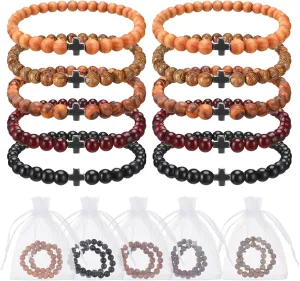 10 Sets Orthodox Prayer Beads Adjustable Christian Bracelet with Organza Bag Orthodox Prayer Rope Cross Beads Bracelet for Women Men Wooden Healing Lava Rock Stretch Jewelry for Religious Gift