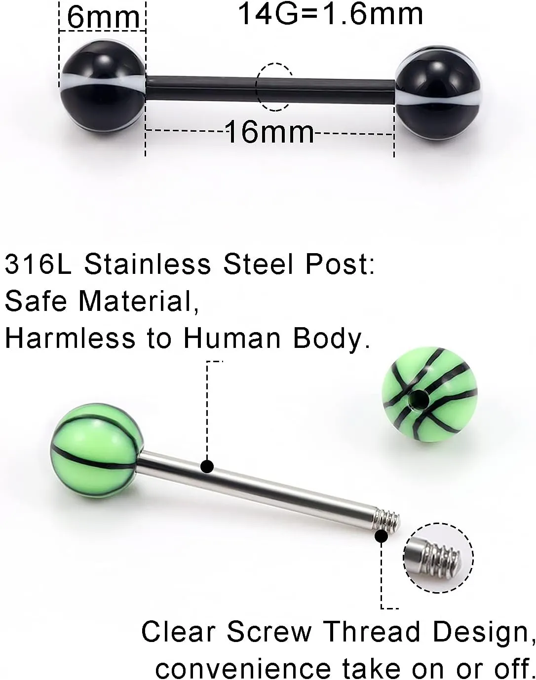 100pcs 14g Tongue Rings Nipple Rings for Women Men Surgical Stainless Steel Tongue/Nipple Piercing Jewelry Plastic Metal Tongue Rings 16MM Acrylic Straight Barbells Body Piercing Jewelry