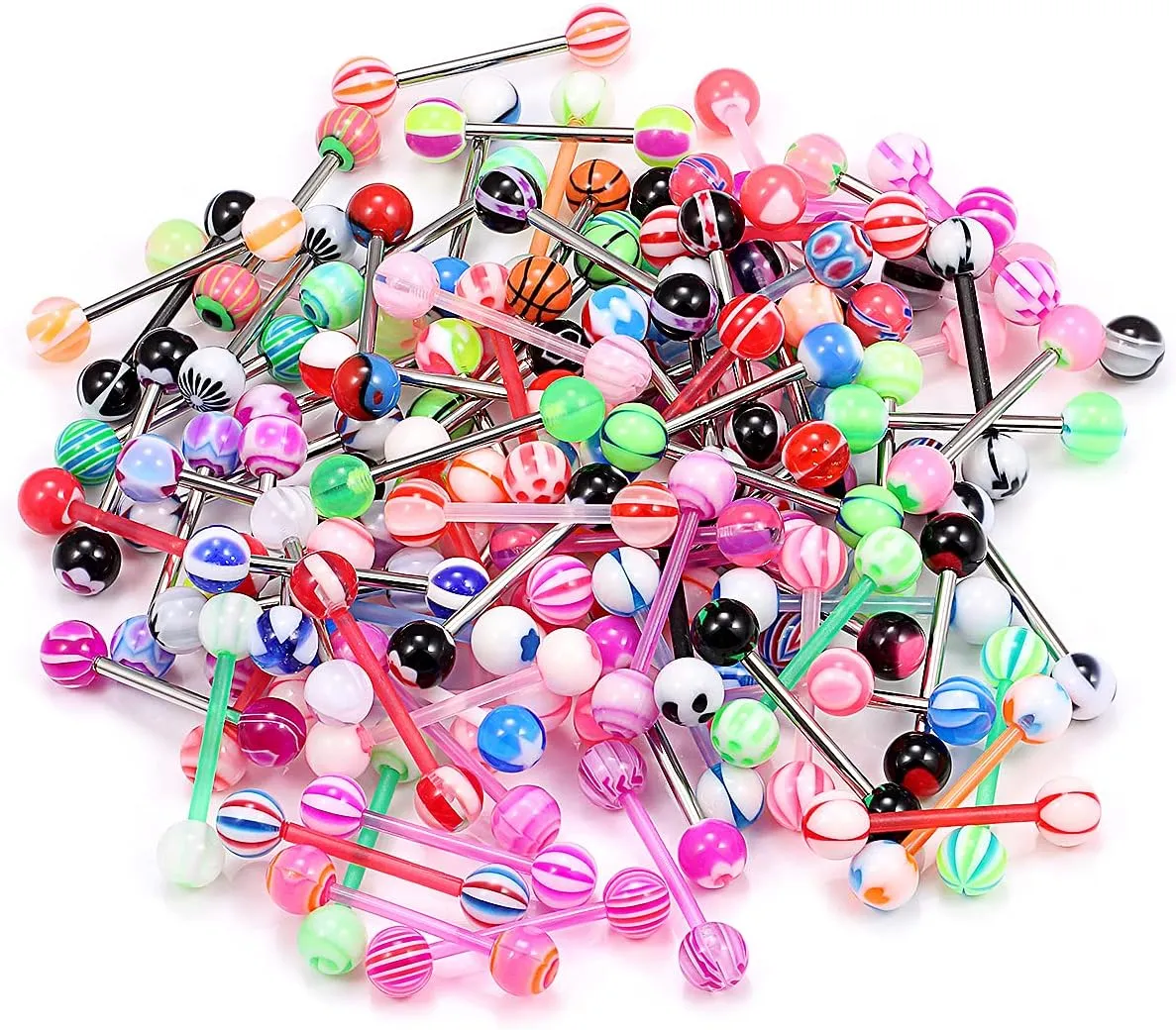 100pcs 14g Tongue Rings Nipple Rings for Women Men Surgical Stainless Steel Tongue/Nipple Piercing Jewelry Plastic Metal Tongue Rings 16MM Acrylic Straight Barbells Body Piercing Jewelry
