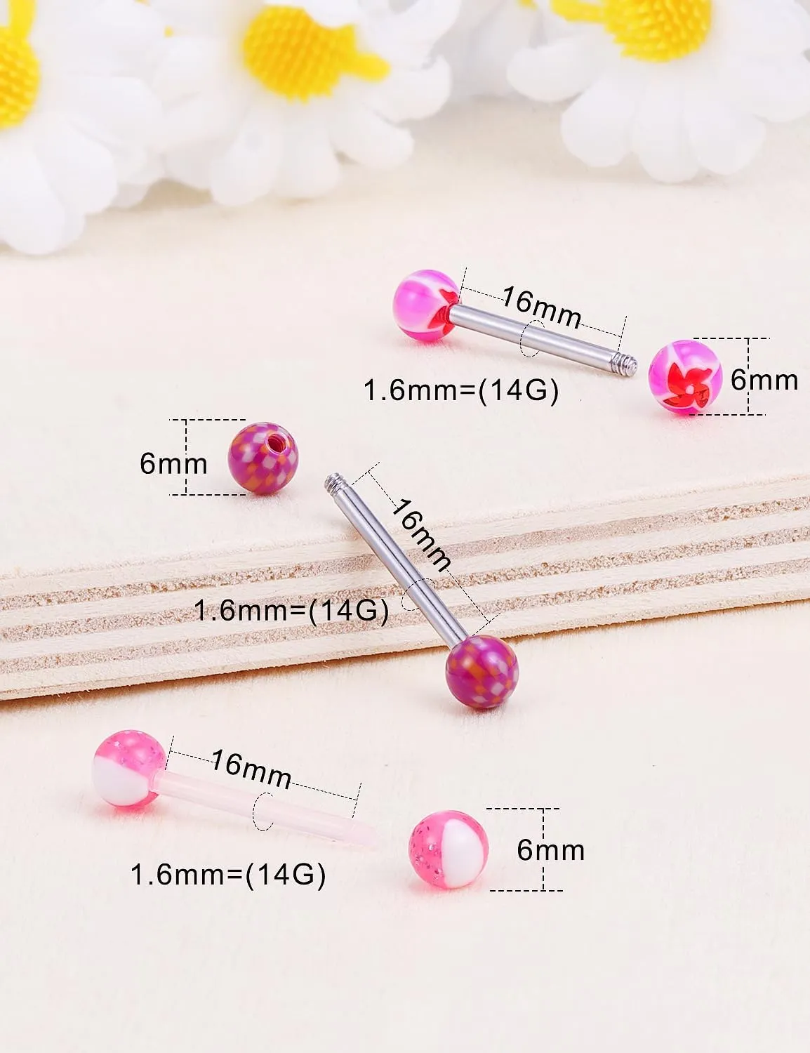 100pcs 14g Tongue Rings Nipple Rings for Women Men Surgical Stainless Steel Tongue/Nipple Piercing Jewelry Plastic Metal Tongue Rings 16MM Acrylic Straight Barbells Body Piercing Jewelry