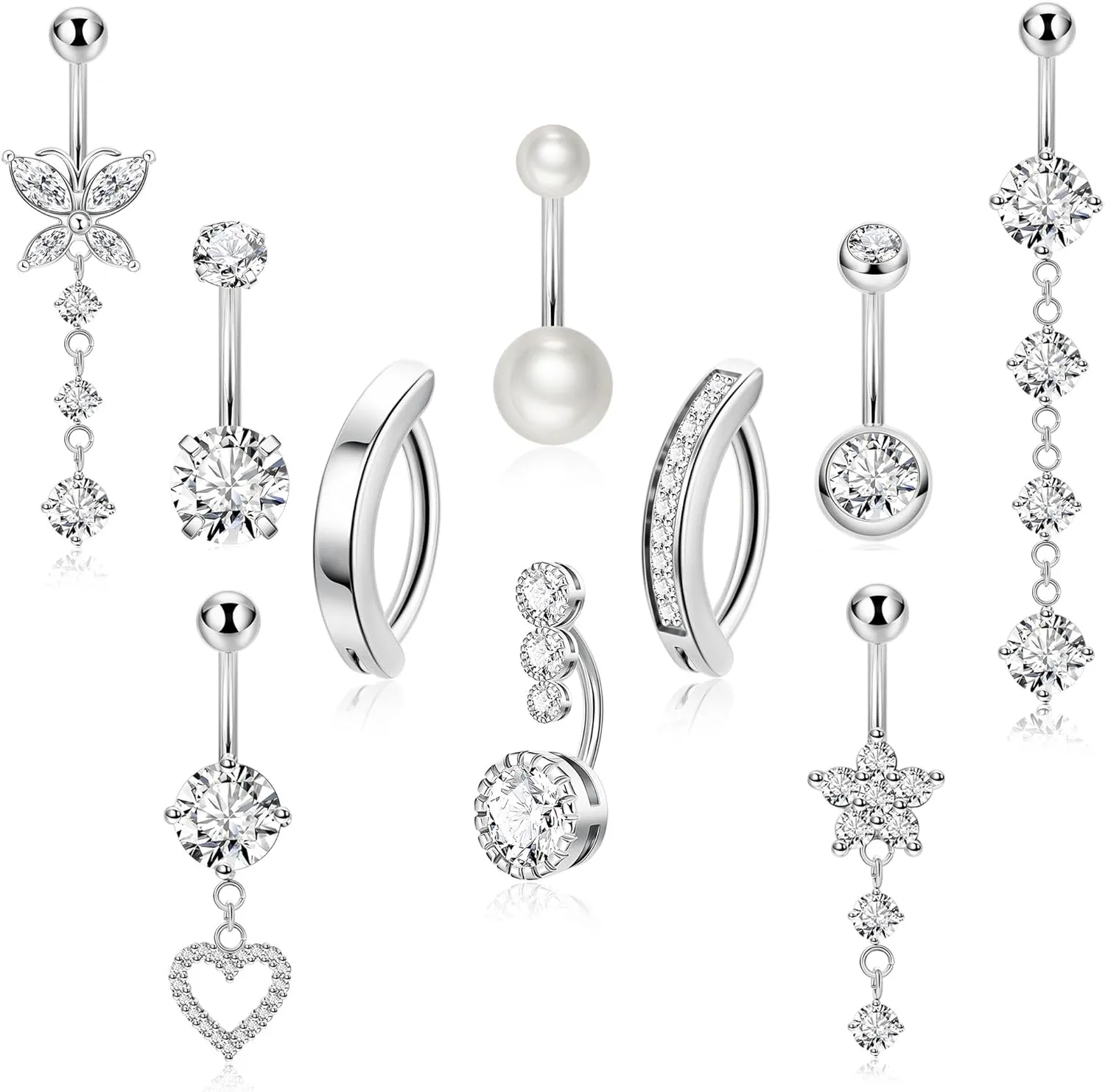 10pcs 14k Gold Plated 14G Belly Button Rings for Women Surgical Steel Dangle Belly Rings CZ Clicker Belly Button Rings Hypoallergenic Heart Flower Butterfly Navel Piercing Jewelry
