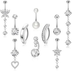 10pcs 14k Gold Plated 14G Belly Button Rings for Women Surgical Steel Dangle Belly Rings CZ Clicker Belly Button Rings Hypoallergenic Heart Flower Butterfly Navel Piercing Jewelry