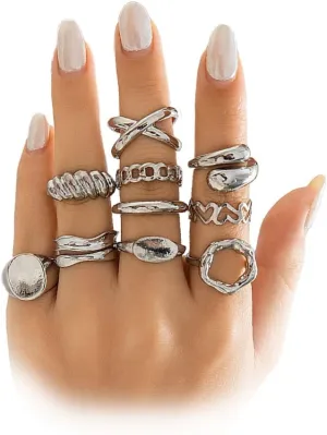 10PCS Gold Stackable Rings Set for Women,Trendy Gold Plated Open Stacking Knuckle Ring Adjustable Chunky Signet Rings Midi Finger Rings Pack Fashion Jewelry