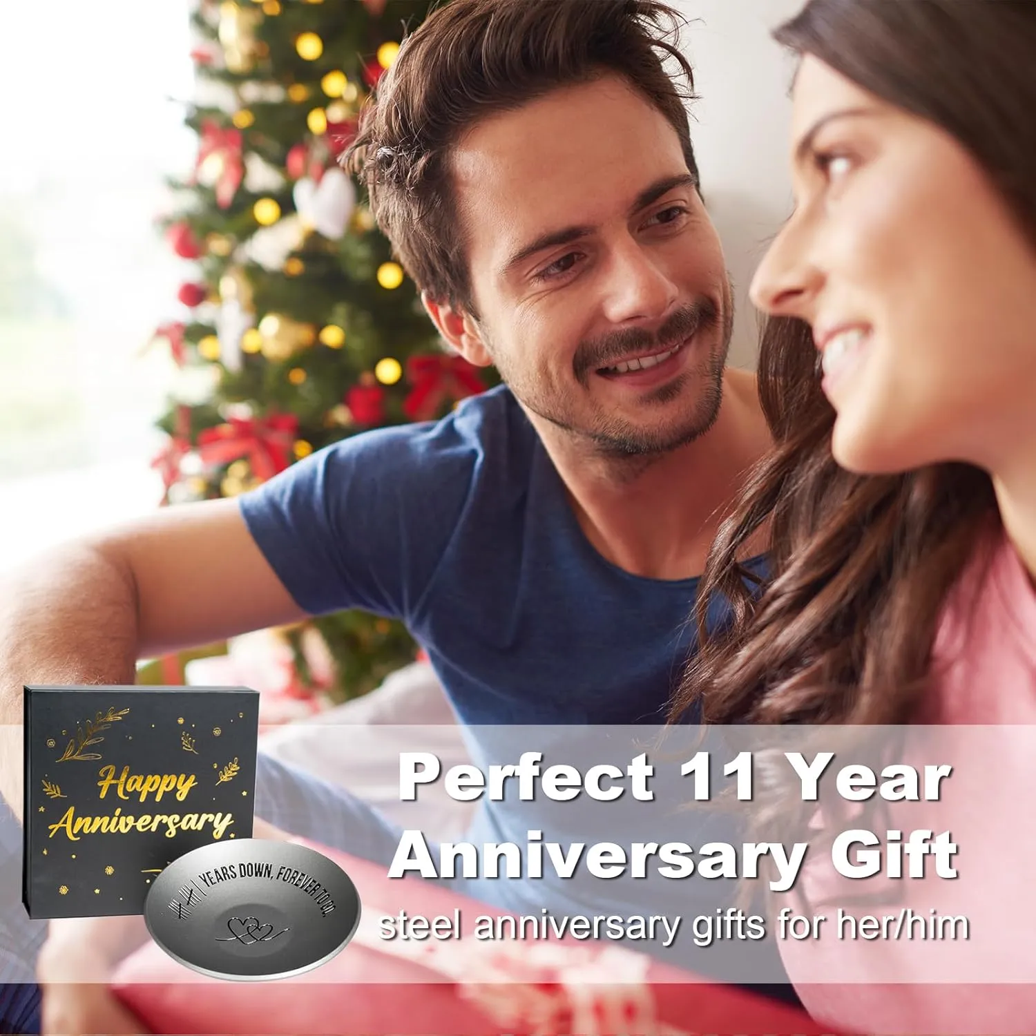 11th Anniversary Steel Gifts, 11 Year Wedding Anniversary for Her Him Husband Wife, 4" Ring Holder Dish - Unique Steel Metal Jewelry Tray Decor for Women Men Couple Parents