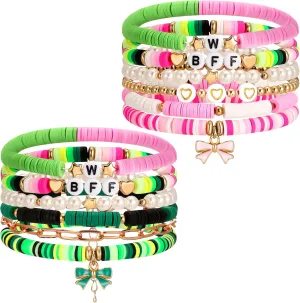 12 Pcs Witch Princess Pink Green Bracelets Friendship Bracelets Preppy Clay Bead BFF Wristbands Bulk for Birthday Party Favor Cosplay Outfit Movie Fans Merch Gifts