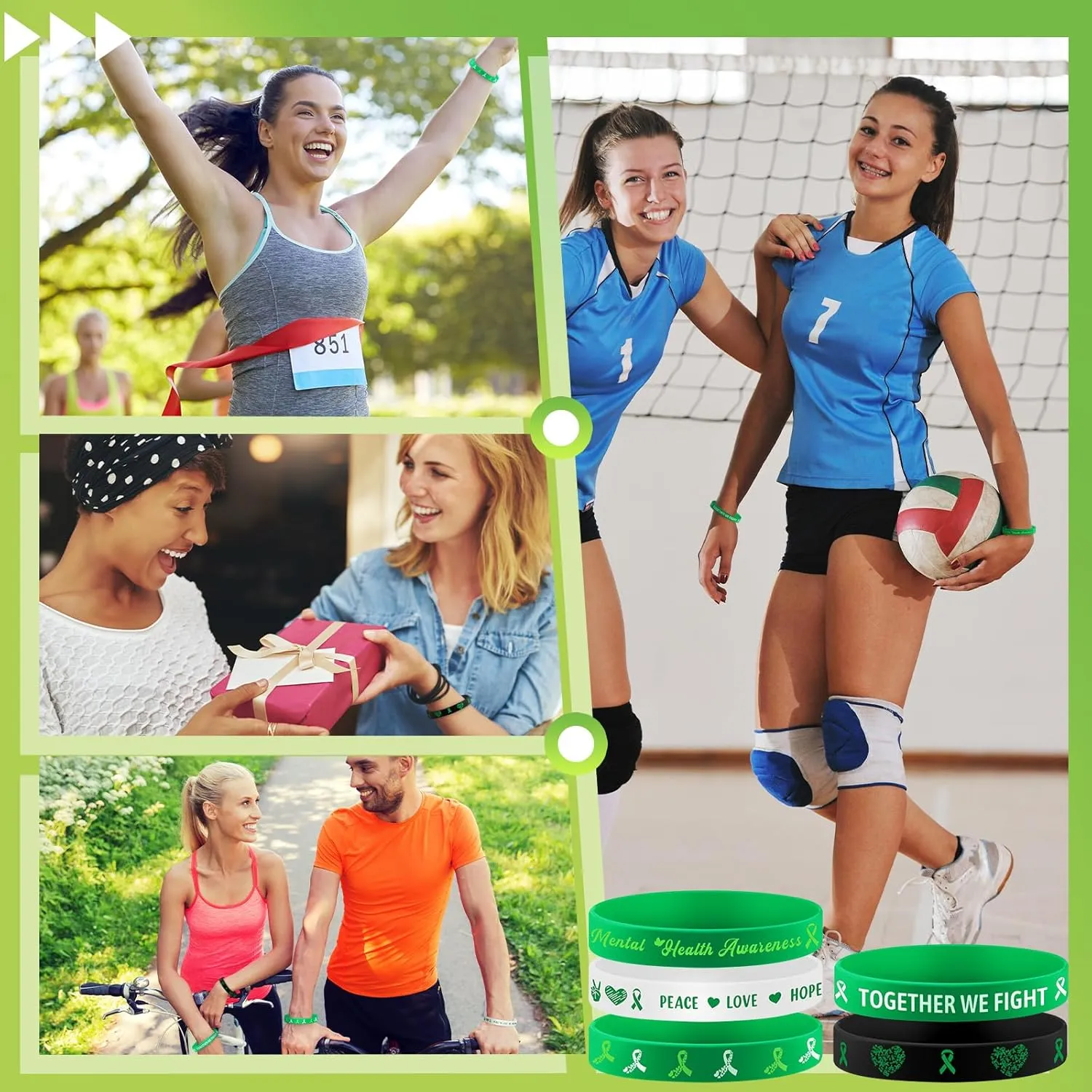 120 Pcs Mental Health Awareness Silicone Bracelets Bulk Mental Health Awareness Items Hope Green Ribbons Motivational Rubber Wristbands for Women Men