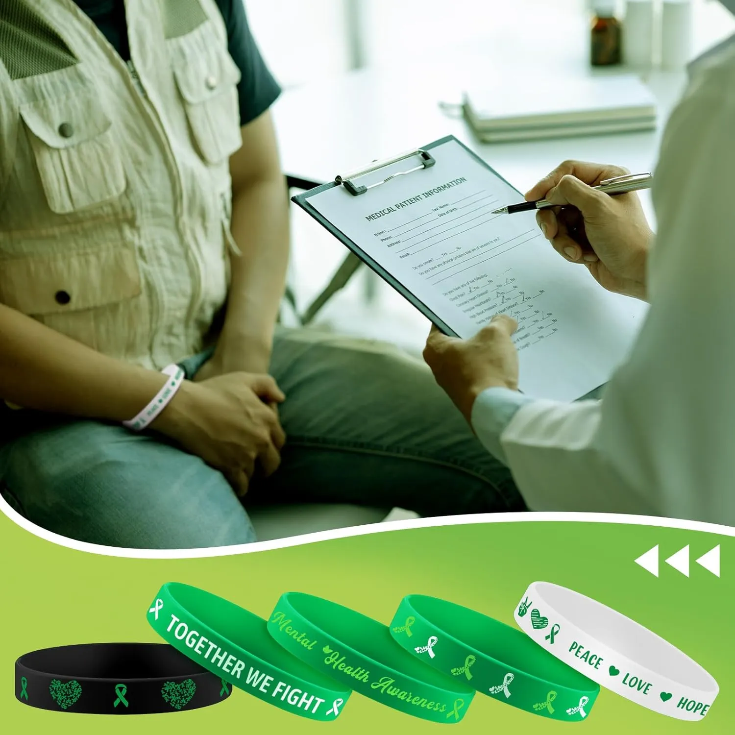 120 Pcs Mental Health Awareness Silicone Bracelets Bulk Mental Health Awareness Items Hope Green Ribbons Motivational Rubber Wristbands for Women Men