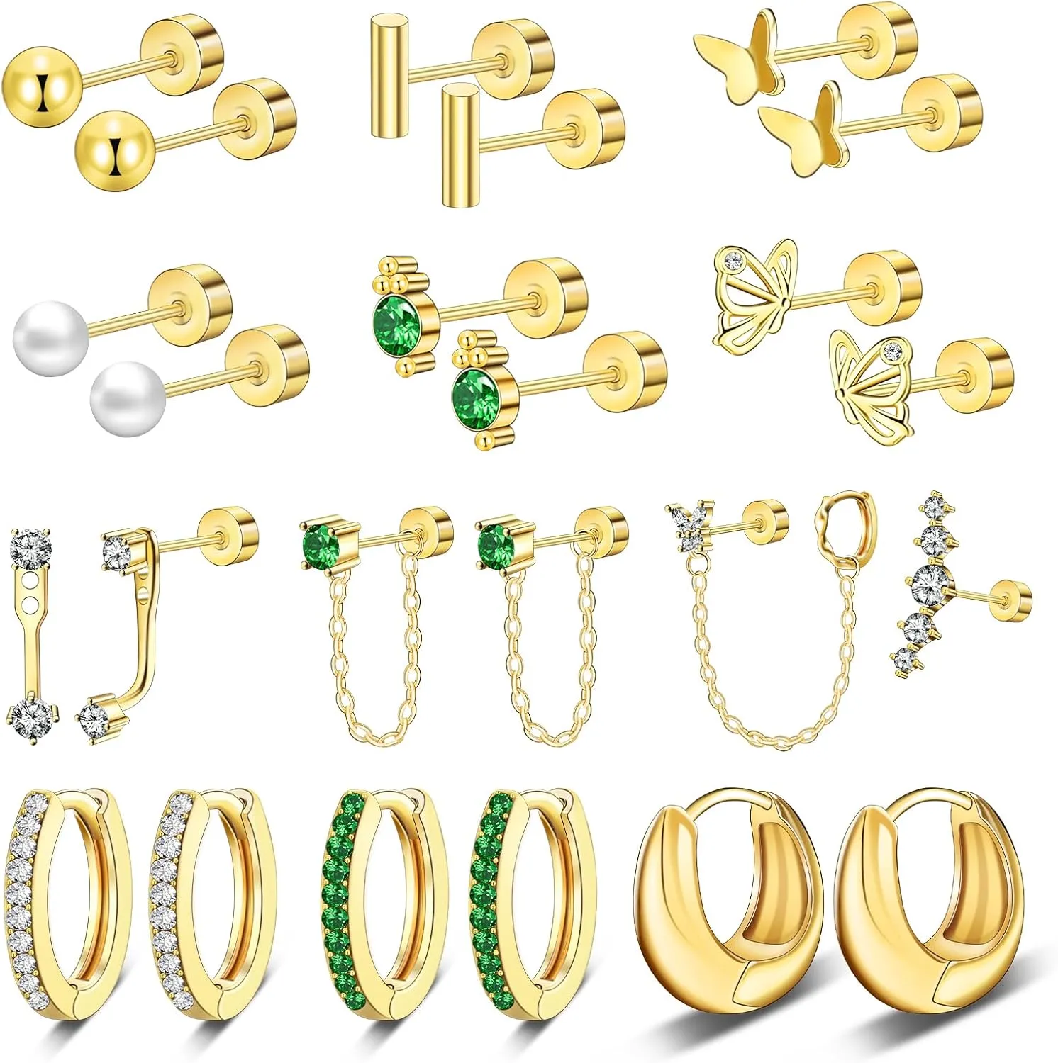 12Pairs CrazyPiercing Gold Flat Back Earrings 20G Hypoallergenic Earrings Surgical Stainless Steel Earring Set, Shiny CZ Small Opal Ball Stud Hoop Earrings for Women