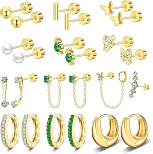 12Pairs CrazyPiercing Gold Flat Back Earrings 20G Hypoallergenic Earrings Surgical Stainless Steel Earring Set, Shiny CZ Small Opal Ball Stud Hoop Earrings for Women