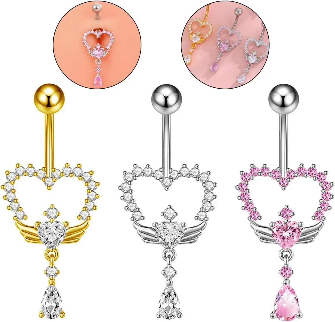14G CZ Heart Teardrop Dangle Belly Button Rings 316L Surgical Steel Belly Navel Barbell Rings Dangling Belly Body Piercing Jewelry for Women