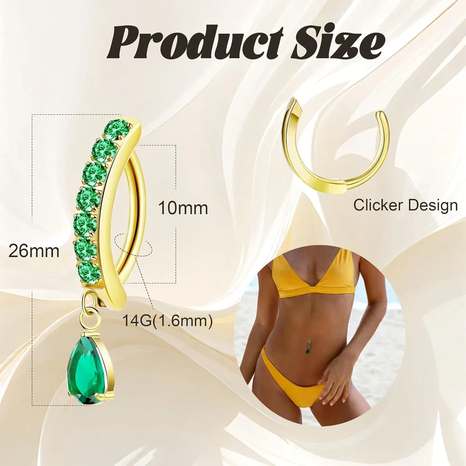 14G G23 Titanium Clicker Belly Button Ring for Women - Teardrop CZ Dangle Curved Reverse Barbell Navel Piercing - Hypoallergenic Jewelry
