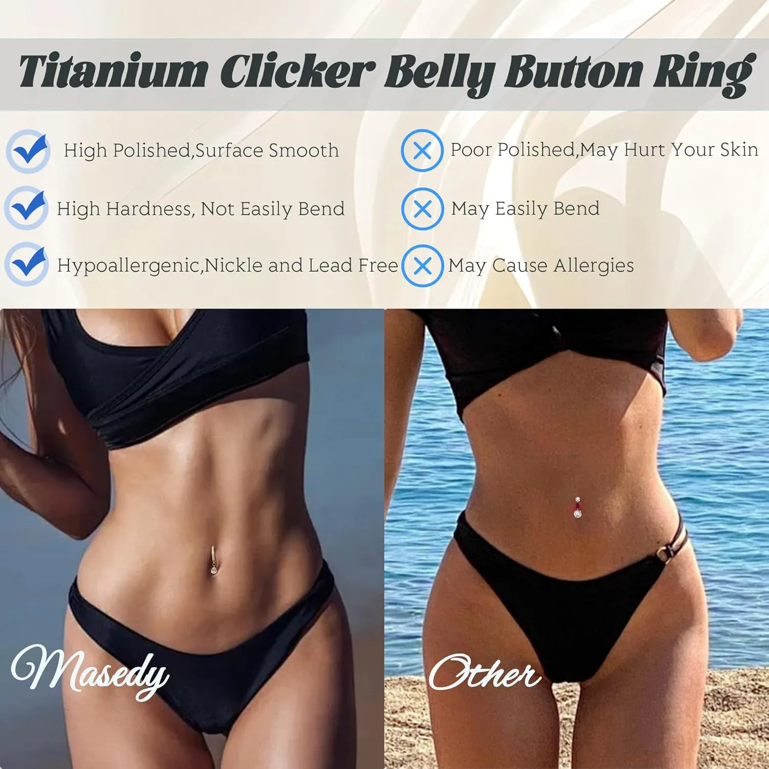 14G G23 Titanium Clicker Belly Button Ring for Women - Teardrop CZ Dangle Curved Reverse Barbell Navel Piercing - Hypoallergenic Jewelry