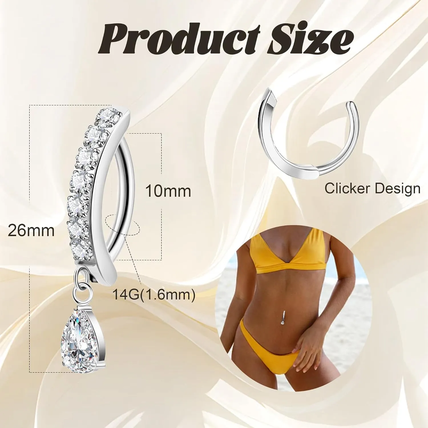 14G G23 Titanium Clicker Belly Button Ring for Women - Teardrop CZ Dangle Curved Reverse Barbell Navel Piercing - Hypoallergenic Jewelry