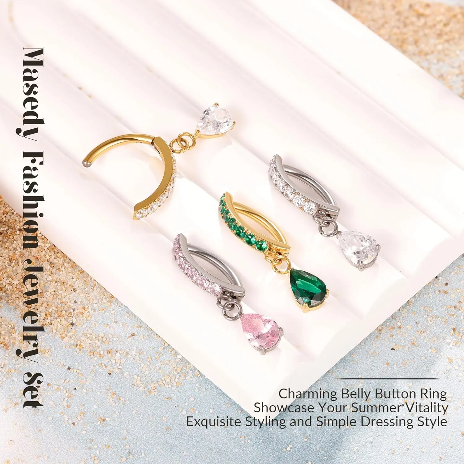 14G G23 Titanium Clicker Belly Button Ring for Women - Teardrop CZ Dangle Curved Reverse Barbell Navel Piercing - Hypoallergenic Jewelry