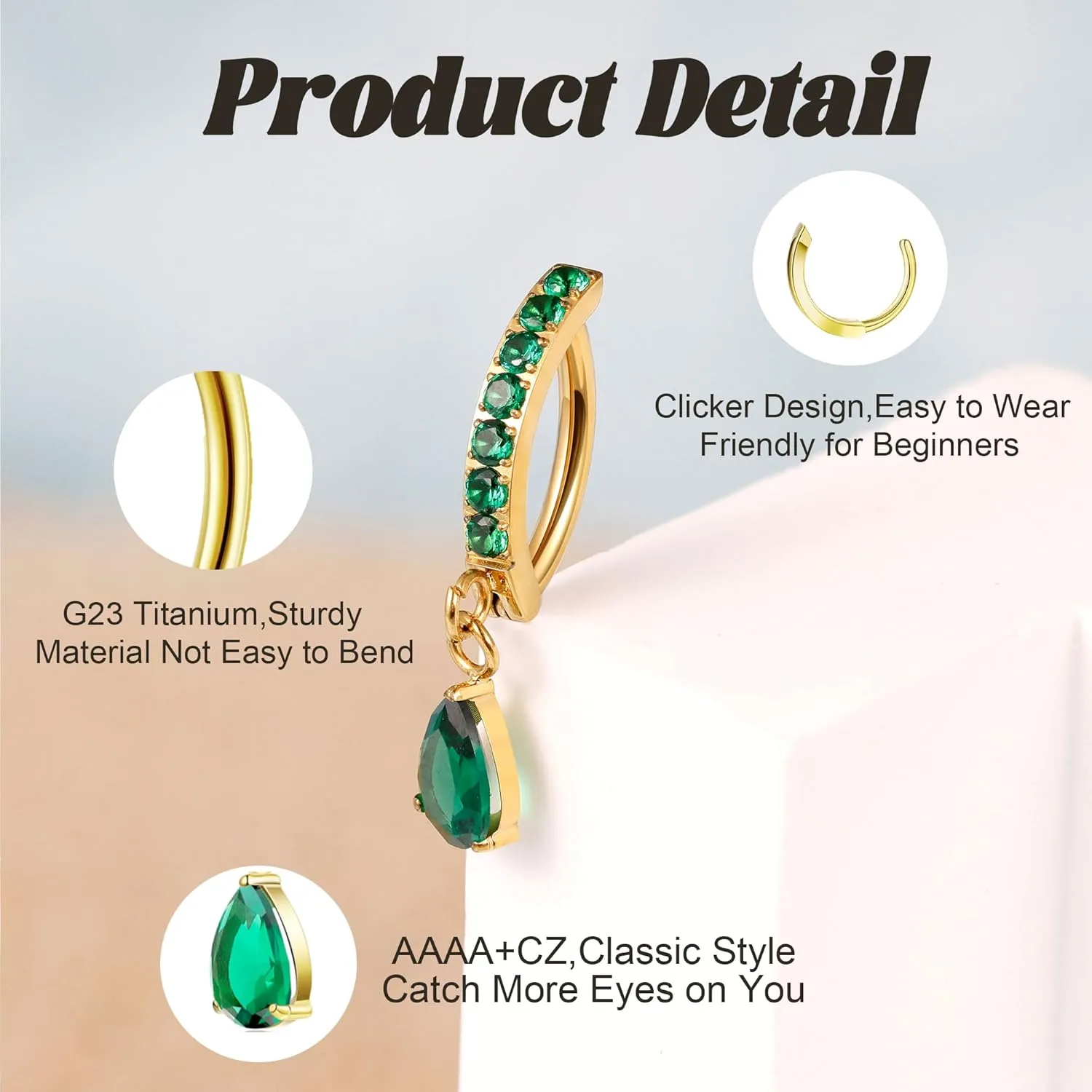 14G G23 Titanium Clicker Belly Button Ring for Women - Teardrop CZ Dangle Curved Reverse Barbell Navel Piercing - Hypoallergenic Jewelry