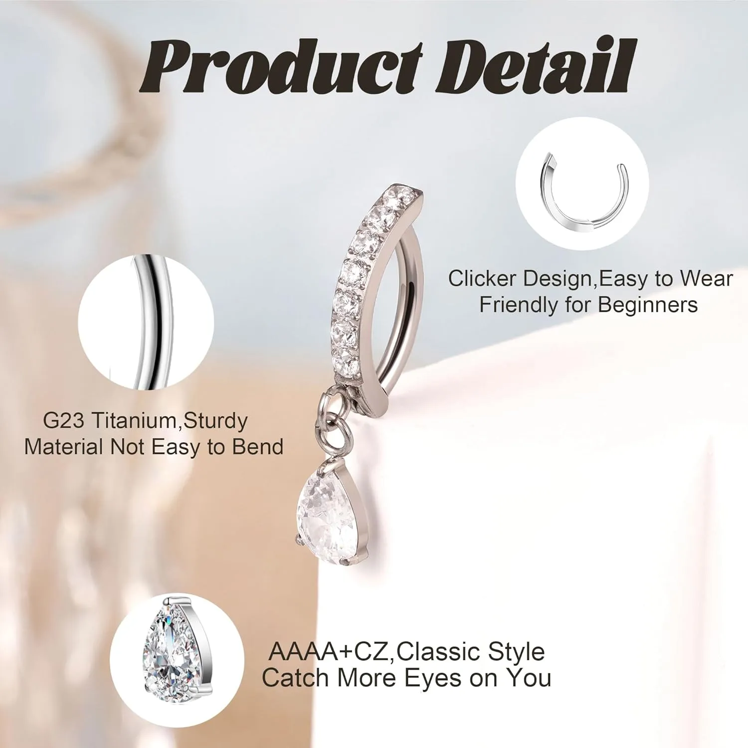14G G23 Titanium Clicker Belly Button Ring for Women - Teardrop CZ Dangle Curved Reverse Barbell Navel Piercing - Hypoallergenic Jewelry