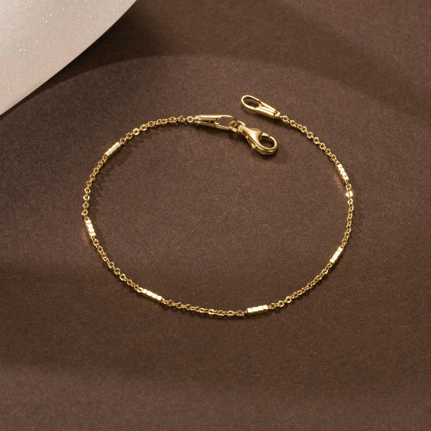 14K Gold Bracelets for Women Men Small Square Pillar Station Chain Charm Dainty Womens Bracelet Ideal for Layering Non Tarnish Design Jewelry Sizes 6.5-9 Inches