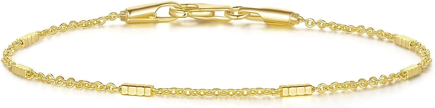 14K Gold Bracelets for Women Men Small Square Pillar Station Chain Charm Dainty Womens Bracelet Ideal for Layering Non Tarnish Design Jewelry Sizes 6.5-9 Inches