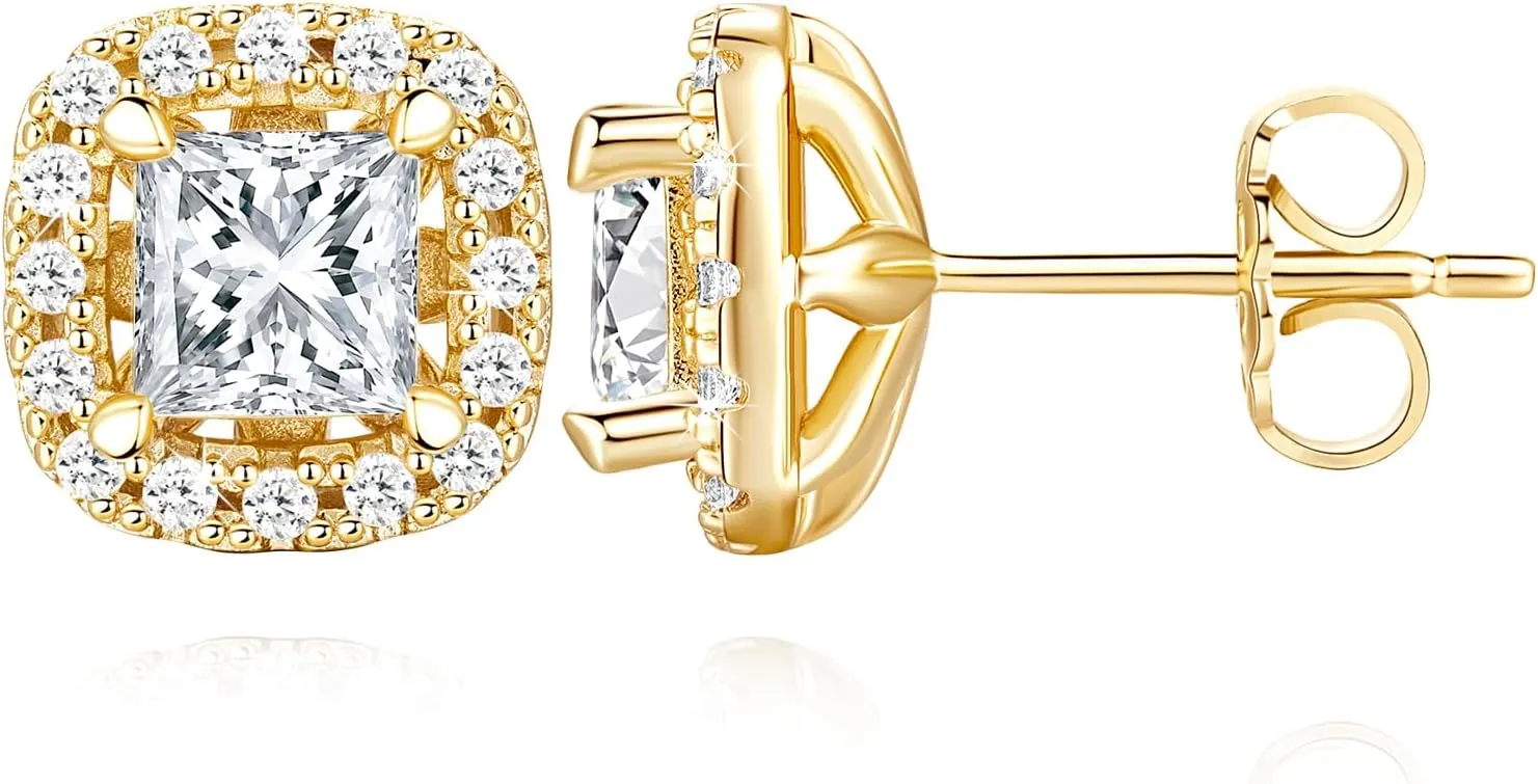 14K Gold Earrings, Gold Stud Earrings for Women Hypoallergenic Cushion-shaped Small Cubic Zirconia Stud Earring for Women 10mm