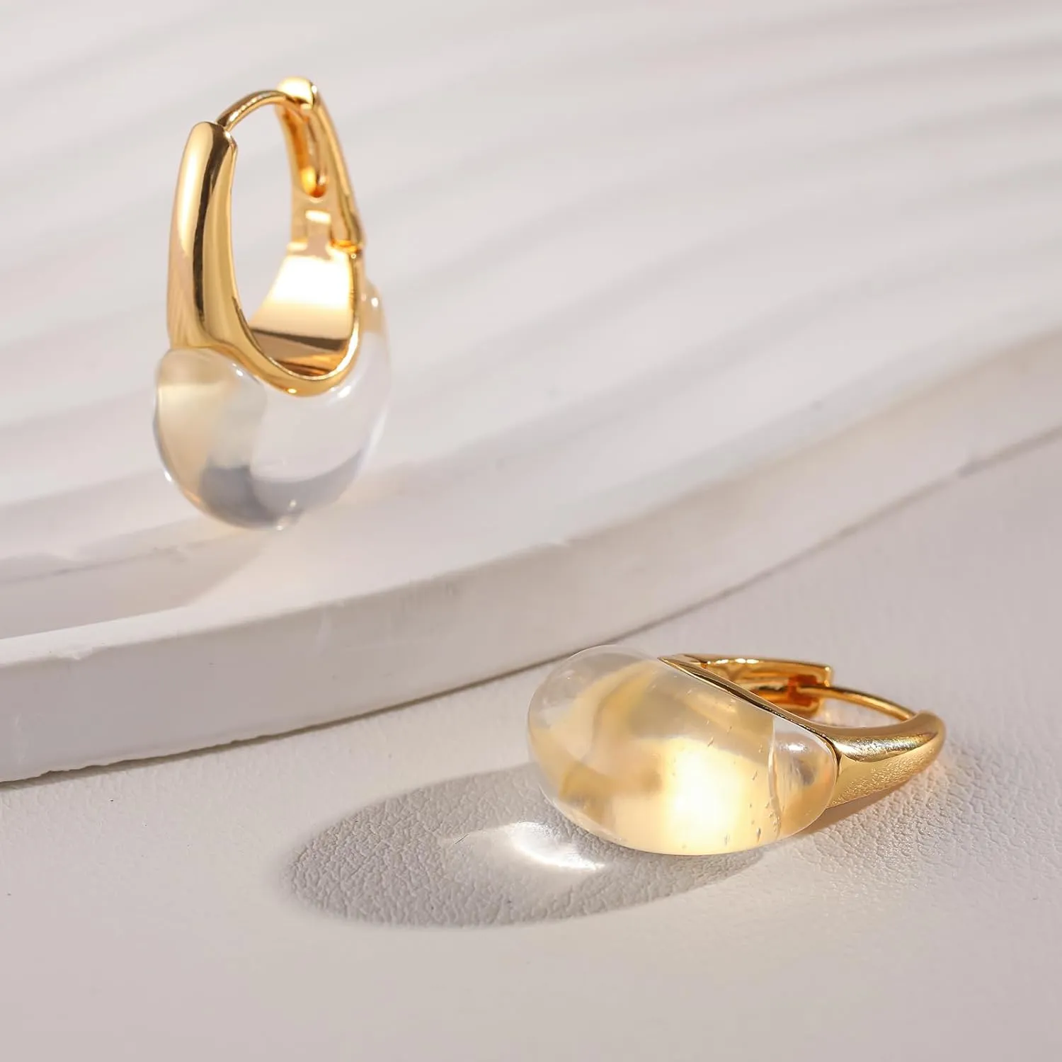 14k Gold Plated Amber Resin Hoop Earrings for Women Trendy, Hypoallergenic Chunky Gold Earrings Jewelry Gifts for Sensitive Earlobes