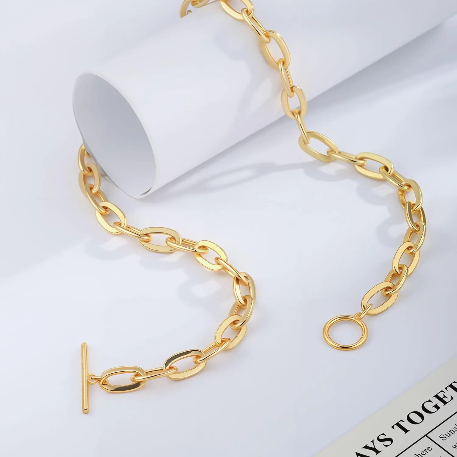14K Gold Plated Necklace for Women Sweatproof, Non Tarnish Chunky Layered Chain Necklaces Thick Gold Layering Herringbone Paperclip Necklace Stacks Toggle Necklaces for Women Men