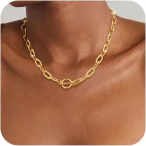 14K Gold Plated Necklace for Women Sweatproof, Non Tarnish Chunky Layered Chain Necklaces Thick Gold Layering Herringbone Paperclip Necklace Stacks Toggle Necklaces for Women Men