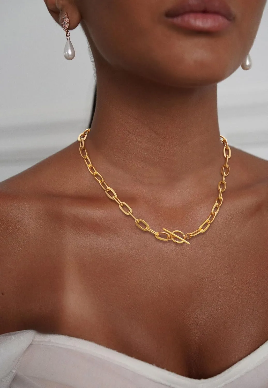 14K Gold Plated Necklace for Women Sweatproof, Non Tarnish Chunky Layered Chain Necklaces Thick Gold Layering Herringbone Paperclip Necklace Stacks Toggle Necklaces for Women Men
