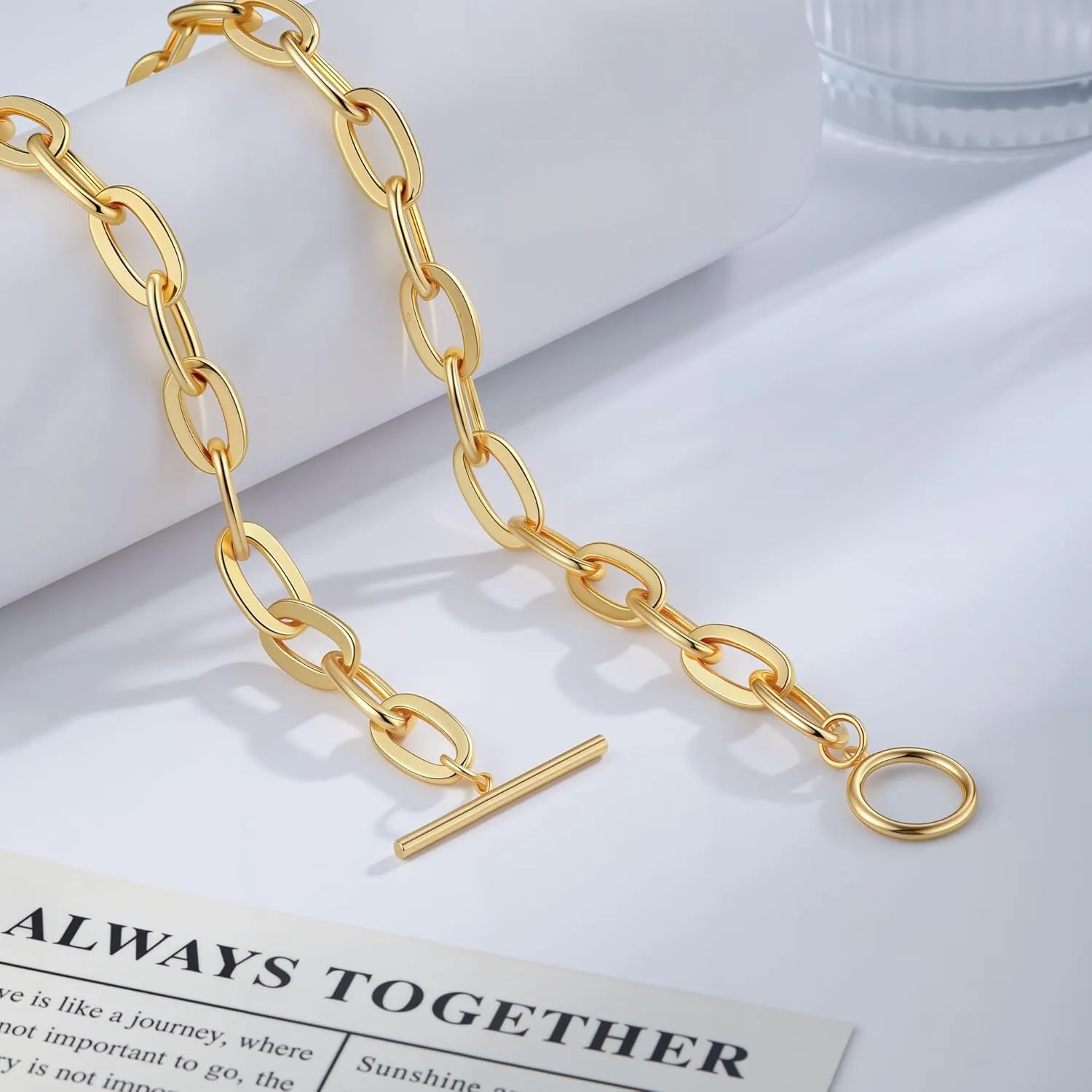 14K Gold Plated Necklace for Women Sweatproof, Non Tarnish Chunky Layered Chain Necklaces Thick Gold Layering Herringbone Paperclip Necklace Stacks Toggle Necklaces for Women Men