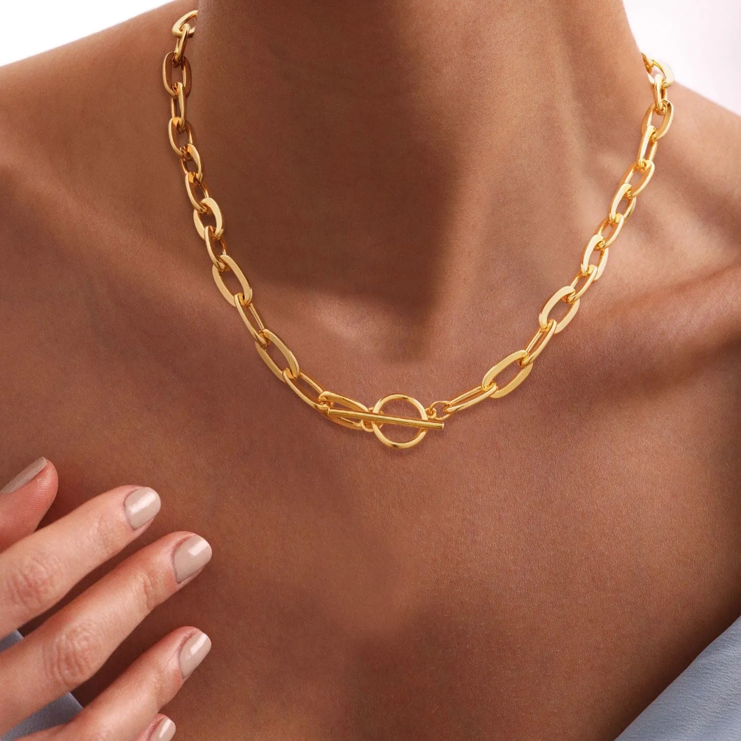 14K Gold Plated Necklace for Women Sweatproof, Non Tarnish Chunky Layered Chain Necklaces Thick Gold Layering Herringbone Paperclip Necklace Stacks Toggle Necklaces for Women Men