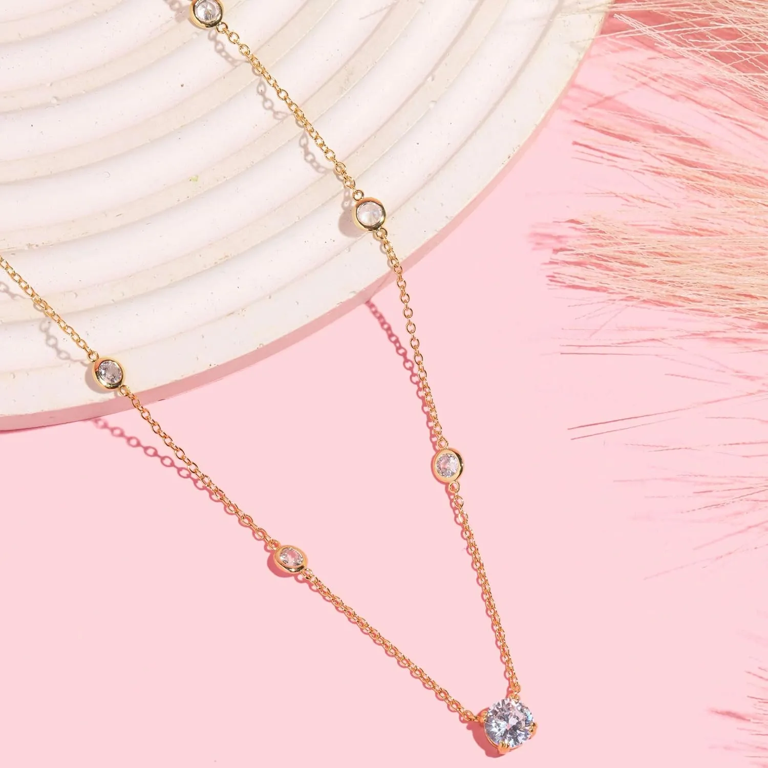 14k Gold/Silver/Rose Plated Pearl Necklaces for Women | Simulated Diamond By The Yard Station Necklace | Dainty Solitaire Pendant Necklace with station Cubic Zirconia - Womens CZ Chain Necklace