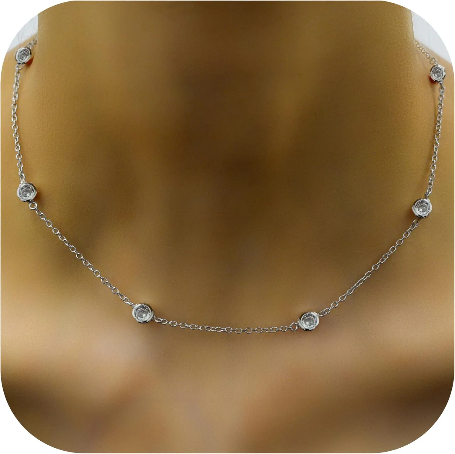 14k Gold/Silver/Rose Plated Pearl Necklaces for Women | Simulated Diamond By The Yard Station Necklace | Dainty Solitaire Pendant Necklace with station Cubic Zirconia - Womens CZ Chain Necklace