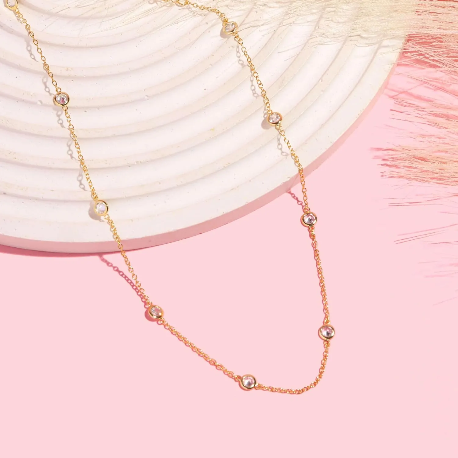 14k Gold/Silver/Rose Plated Pearl Necklaces for Women | Simulated Diamond By The Yard Station Necklace | Dainty Solitaire Pendant Necklace with station Cubic Zirconia - Womens CZ Chain Necklace