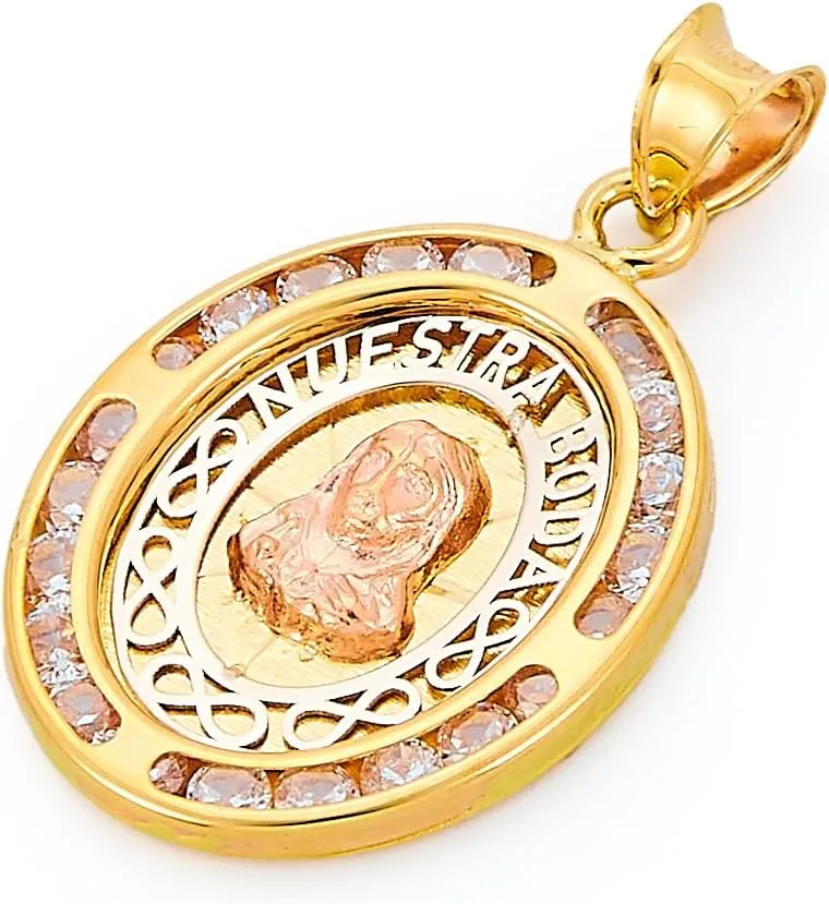 14k REAL Tri Color Gold CZ Oval Nuestra Boda Charm Pendant with Jesus