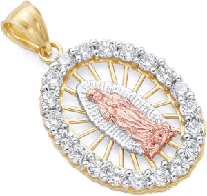 14k REAL Tri Color Gold CZ Religious Our Lady of Guadalupe Charm Pendant - 2 Different Size Available