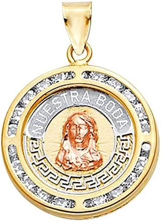 14k REAL Tri Color Gold CZ Round Nuestra Boda Charm Pendant with Jesus
