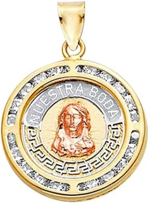 14k REAL Tri Color Gold CZ Round Nuestra Boda Charm Pendant with Jesus