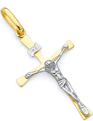 14k REAL Two Tone Gold Crucifix Jesus Cross Religious Charm Pendant (Size : 35 x 17 mm)