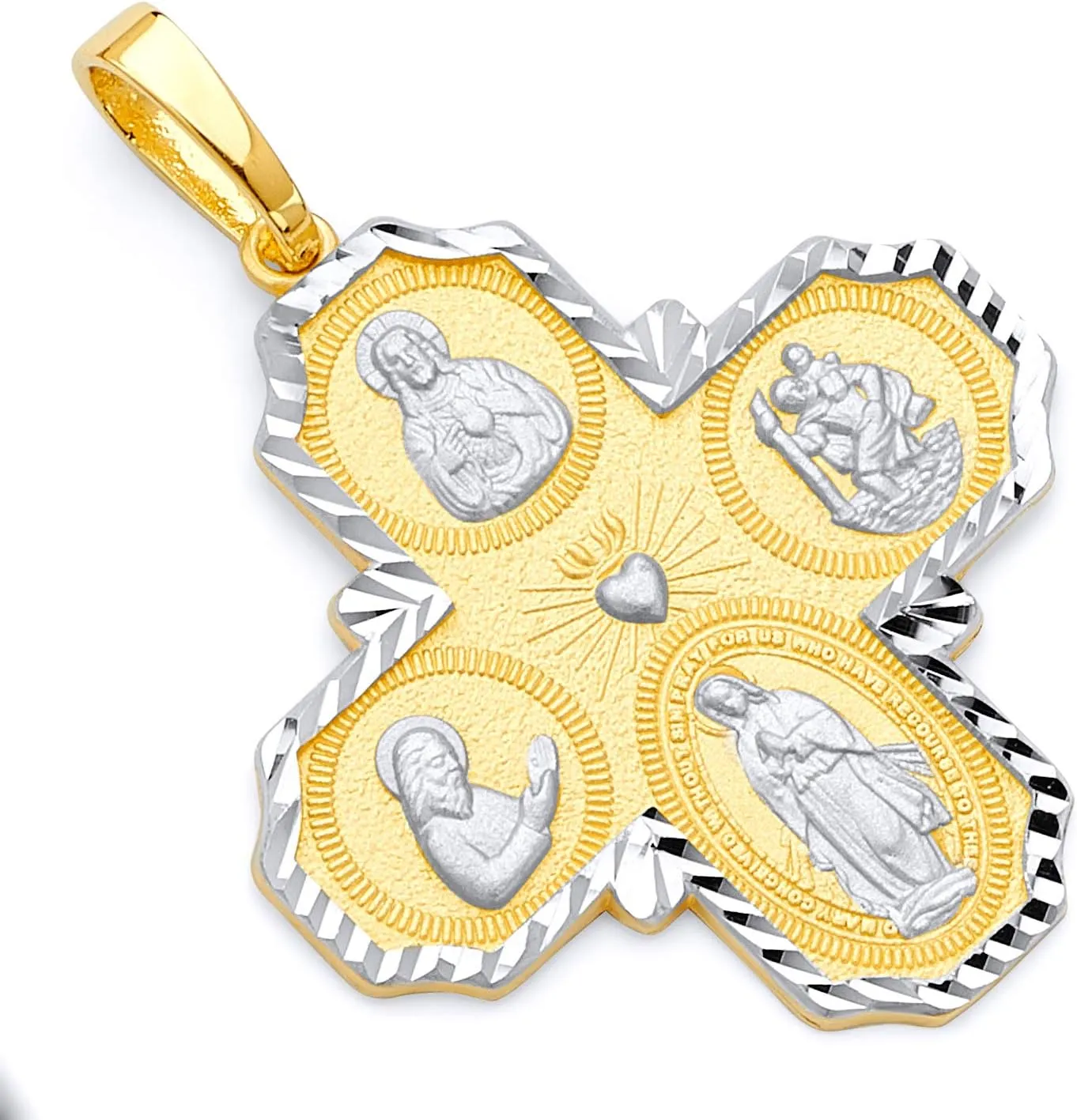 14k REAL Two Tone Gold Four-Way Cross Religious Charm Pendant (Size : 39 x 28 mm)