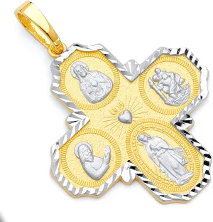 14k REAL Two Tone Gold Four-Way Cross Religious Charm Pendant (Size : 39 x 28 mm)