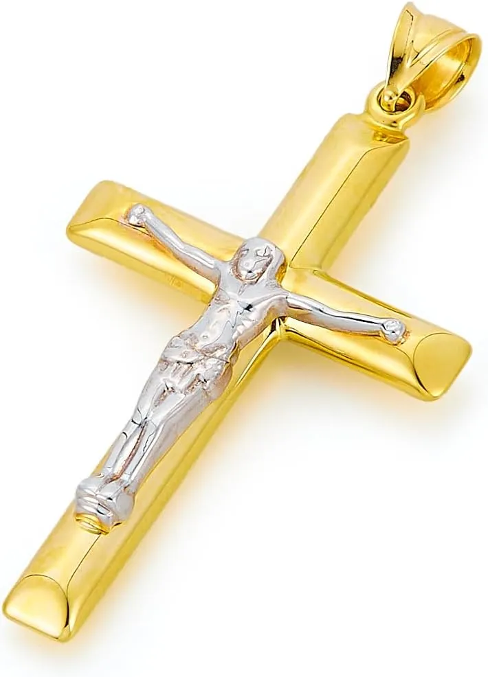 14k REAL Two Tone Gold Hollow Cross with Jesus Charm Pendant