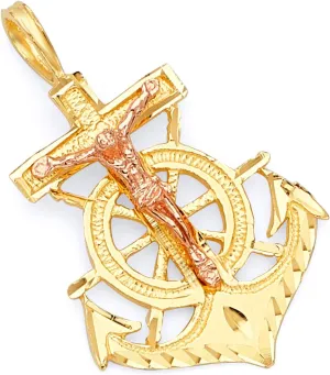 14k REAL Two Tone Gold Religious Crucifix Jesus Cross Anchor Charm Pendant