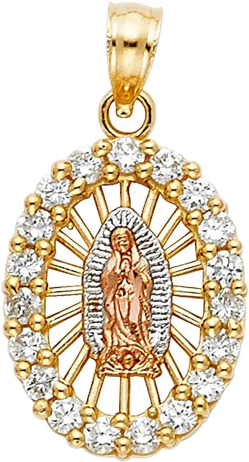 14k Tri Color Gold CZ Religious Our Lady of Guadalupe Pendant