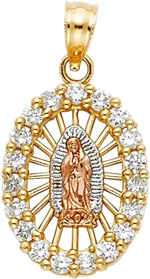 14k Tri Color Gold CZ Religious Our Lady of Guadalupe Pendant
