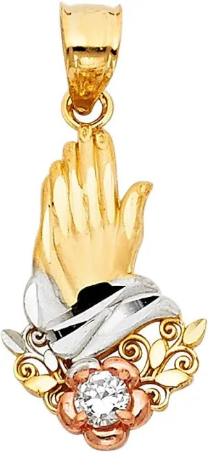 14k Tri Color Gold Praying Hands Religious Charm Pendant